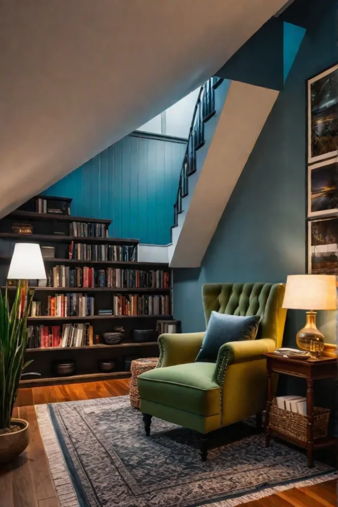 Cozy reading nook on stair landing