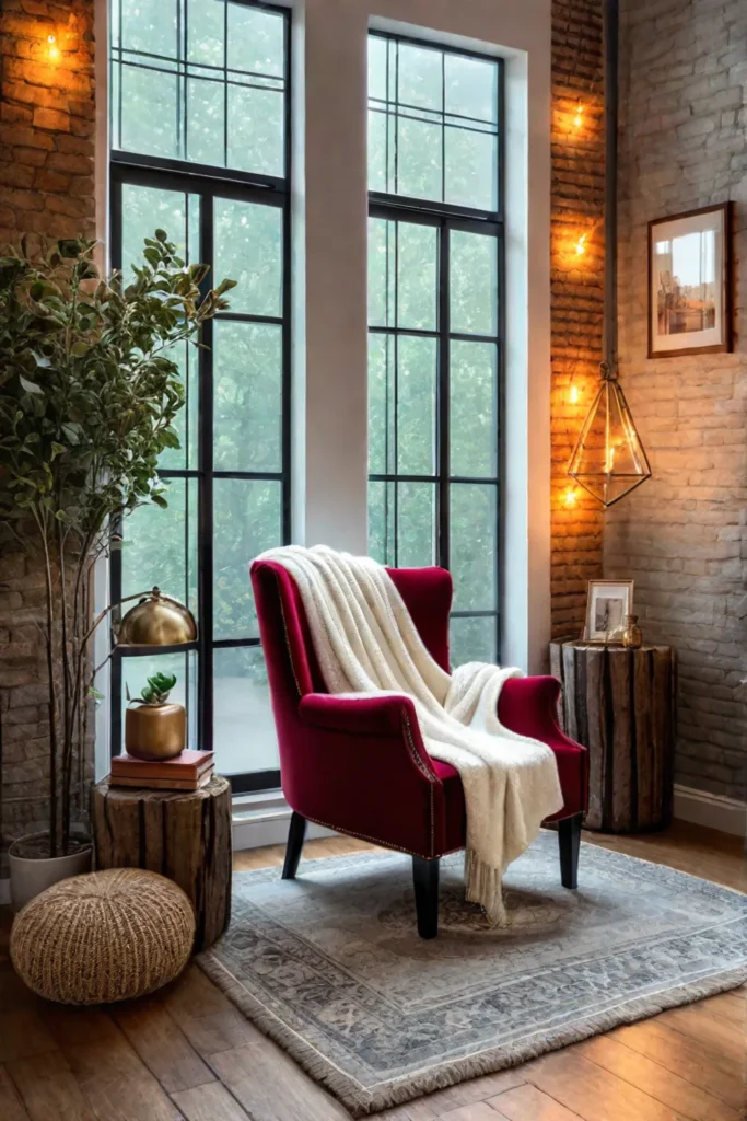 Cozy reading corner with crate bookshelf