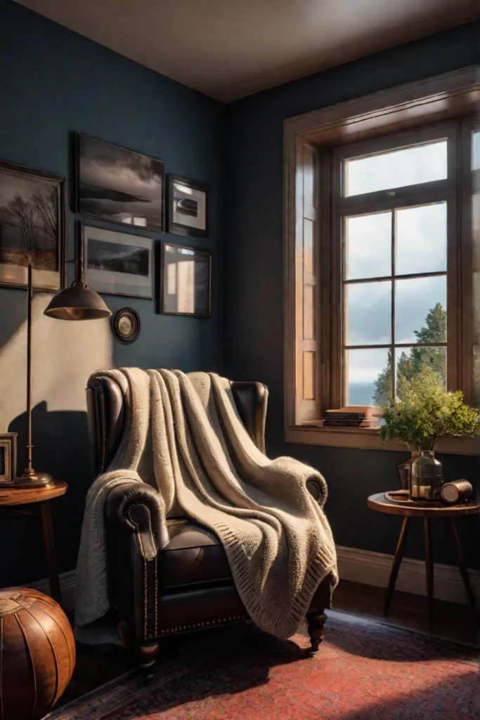 Inviting reading corner with handknitted blanket