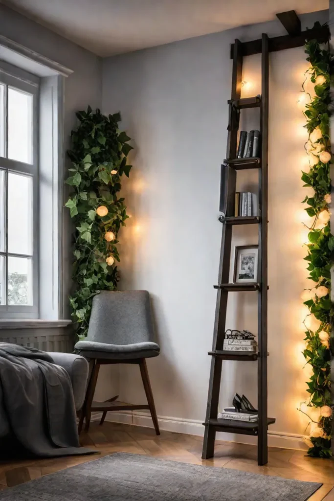 DIY ladder bookshelf reading nook