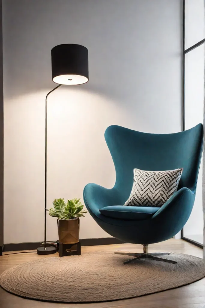 Reading nook with floating shelves and vintage lamp