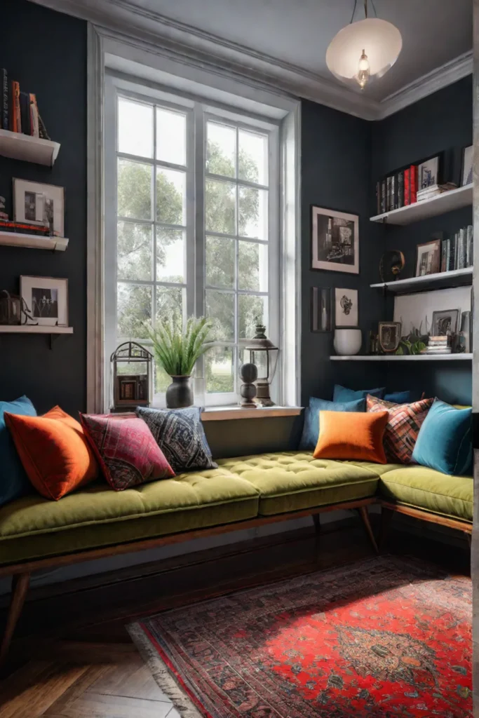 Eclectic reading nook with colorful decor