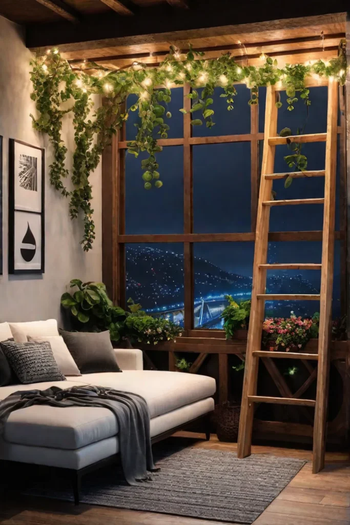 Whimsical reading corner with vine bookshelf