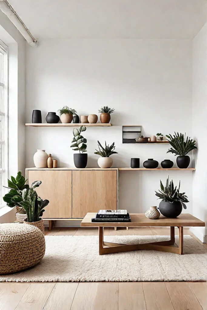 Scandinavian living room with floating shelves and minimalist decor