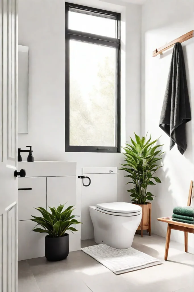 Minimalist bathroom with line art and natural light