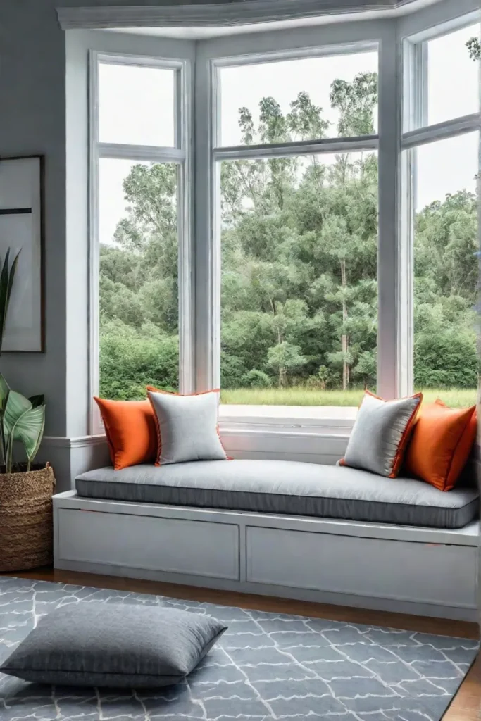 A child's bedroom window seat with toy storage compartments