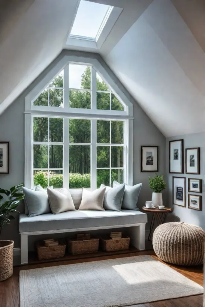 A cozy attic reading nook with a window seat and dormer window