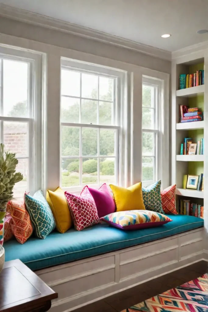A living room reading nook with a patterned window seat