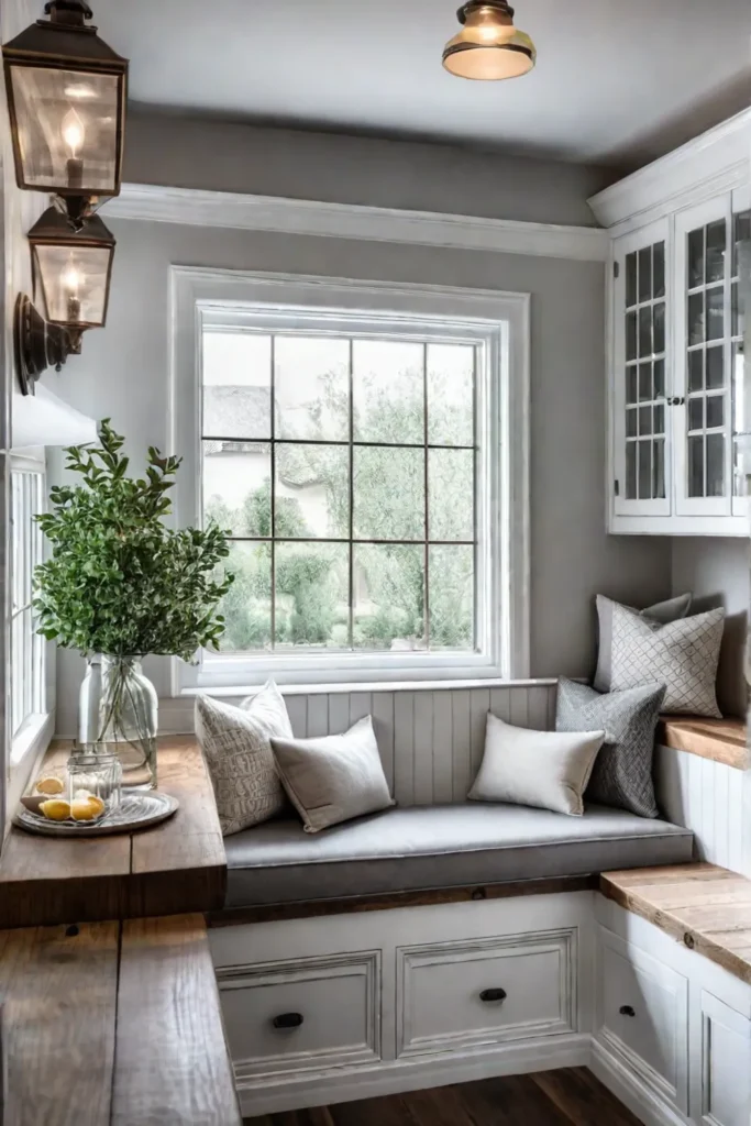 A farmhouse-style breakfast nook with a cozy window seat