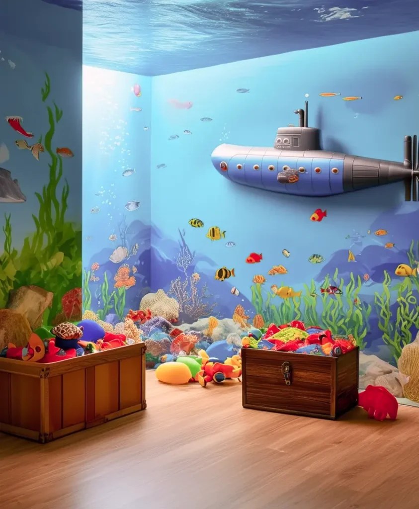 Submarine play structure in underwater-themed room