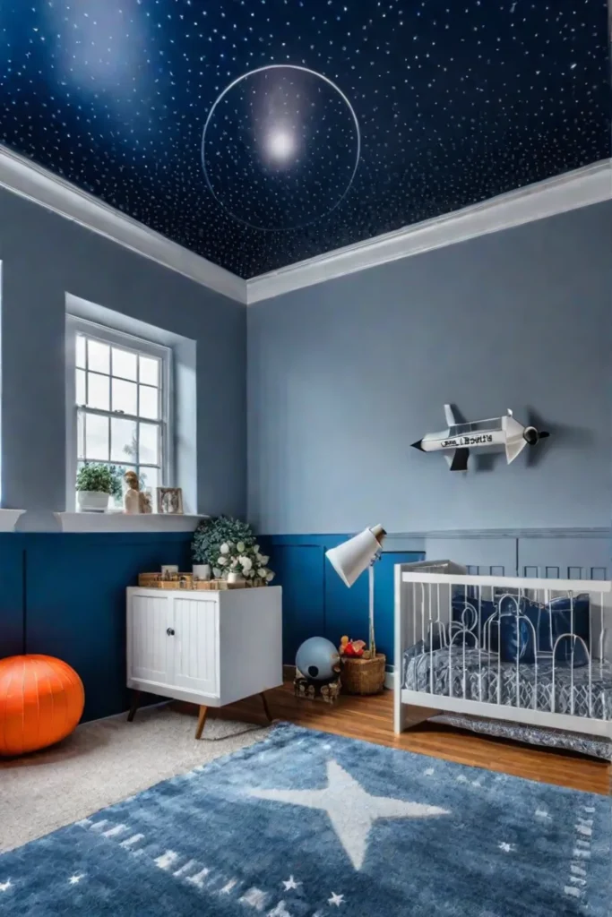 Galaxy mural with telescope in playroom