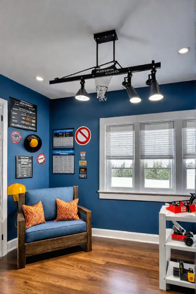 Playroom with construction toys and tool-themed decor