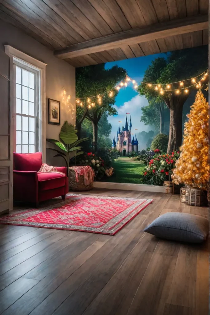 Fairy tale playroom with castle and forest mural