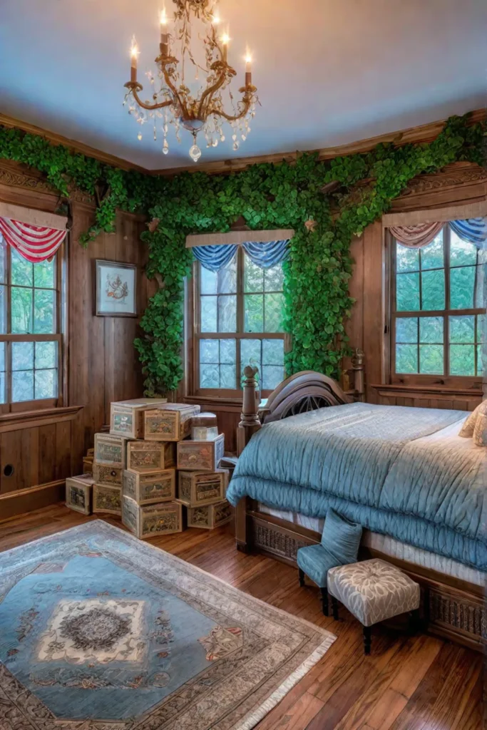 Magical playroom with dress-up trunk and fairy lights