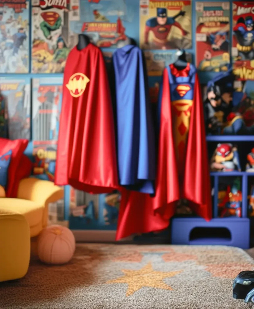 Dynamic playroom with superhero decor and figurines