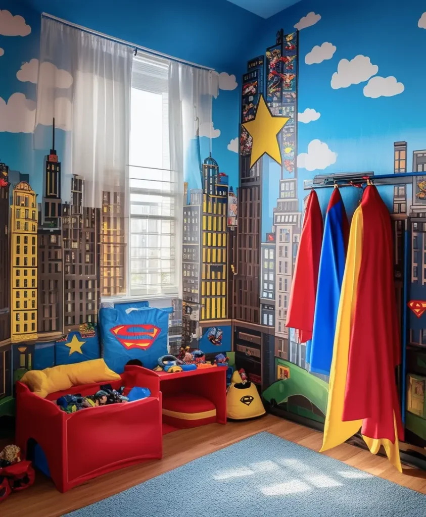 Superhero-themed playroom with cityscape mural and costumes