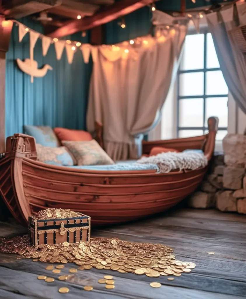 Pirate-themed playroom with treasure maps and nautical decor