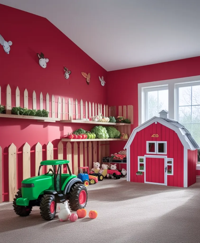 Farm-themed playroom with barn and toy tractors
