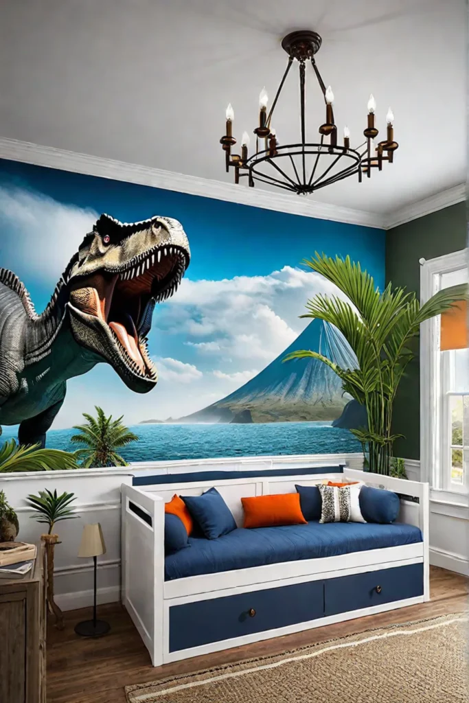 Dinosaur-themed playroom with fossil dig area