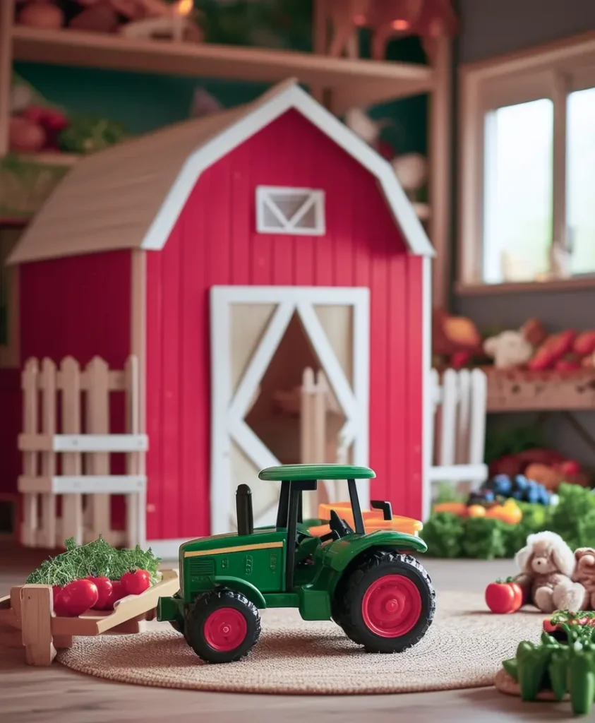 Rustic playroom with farm animals and vegetable toys