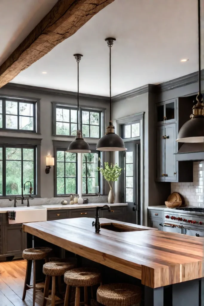 Farmhouse kitchen with abundant natural light pendant lights over the island