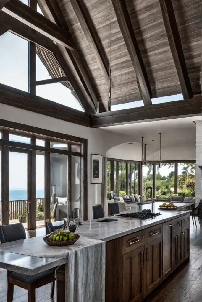 Kitchen with vaulted ceiling and exposed beams illuminated by recessed and pendant