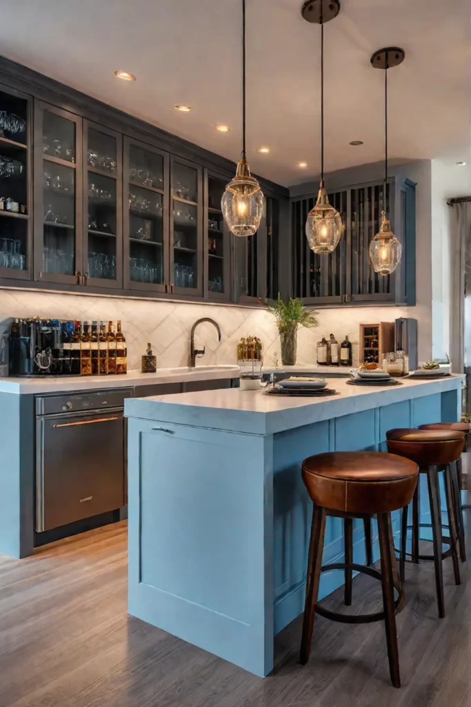 Kitchen island with pendant lights serving as a home bar