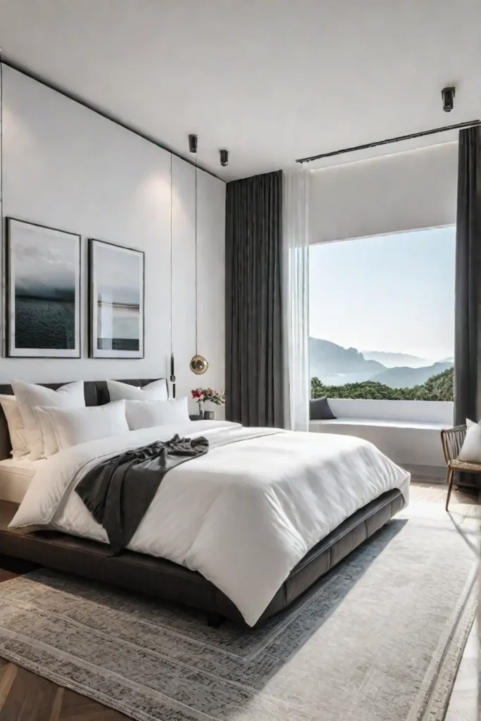 Bright minimalist bedroom with large mirror