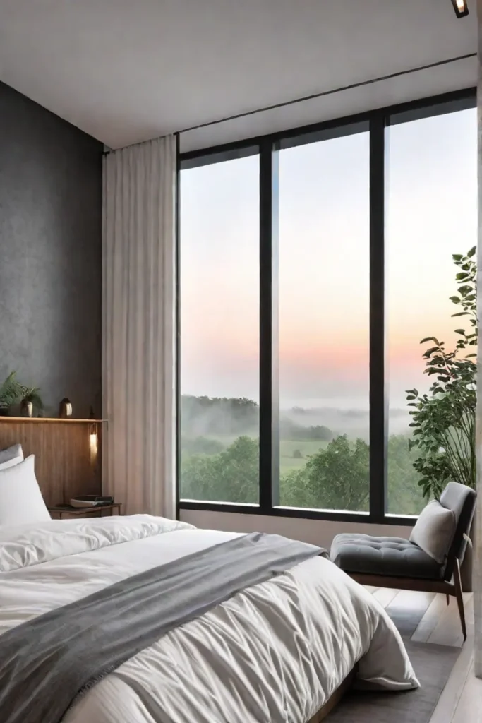 Serene minimalist bedroom with nature view