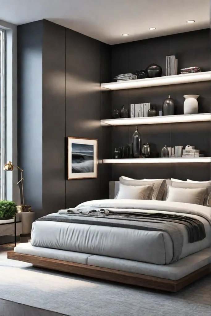 Modern minimalist bedroom with floating bed