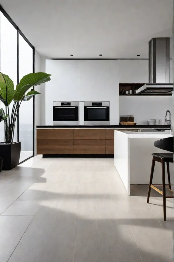 A contemporary kitchen with clean lines and a sophisticated tile floor in