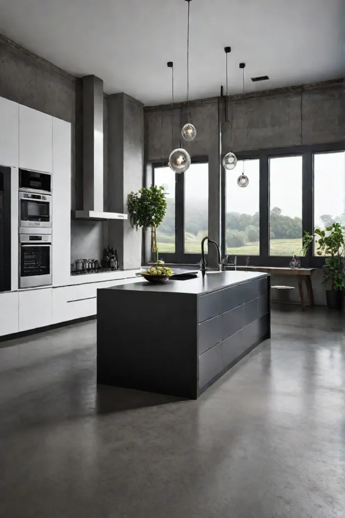A loft-style kitchen with exposed beams and a striking concrete floor that