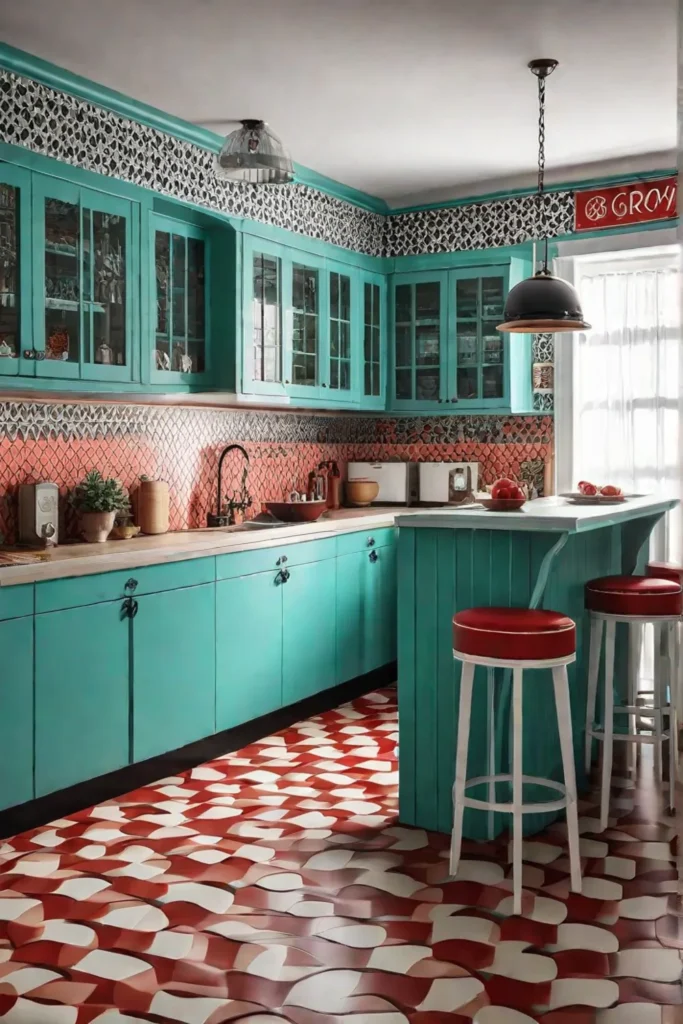 A vintage-style kitchen with a linoleum floor in a bold retro-inspired pattern