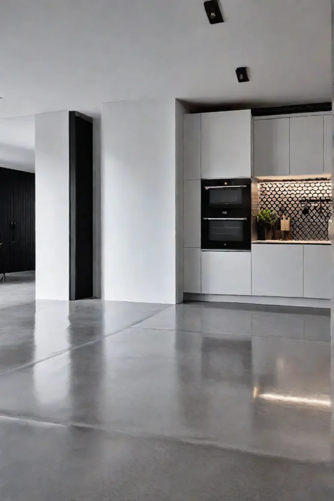 A pared-down modern kitchen with a smooth grey concrete floor that adds