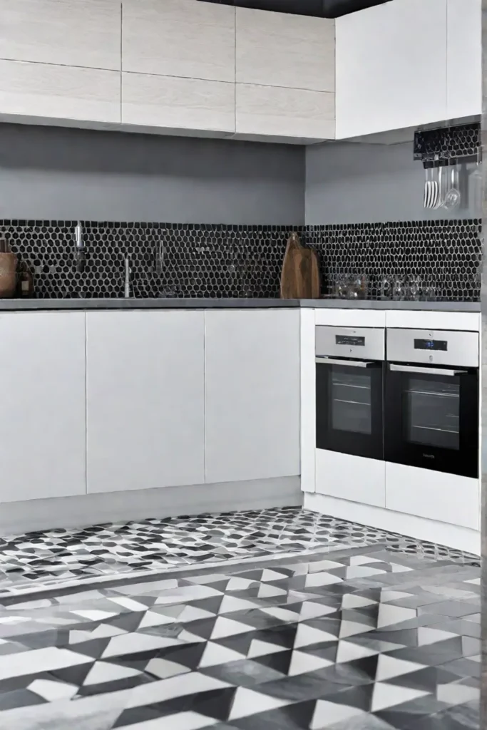 A sophisticated kitchen with a stunning mosaic tile floor that features intricate