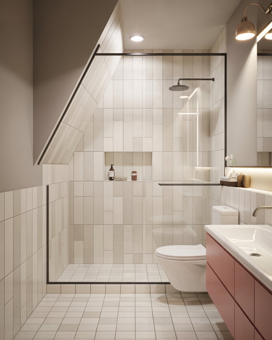 Walk-in shower with angled glass enclosure