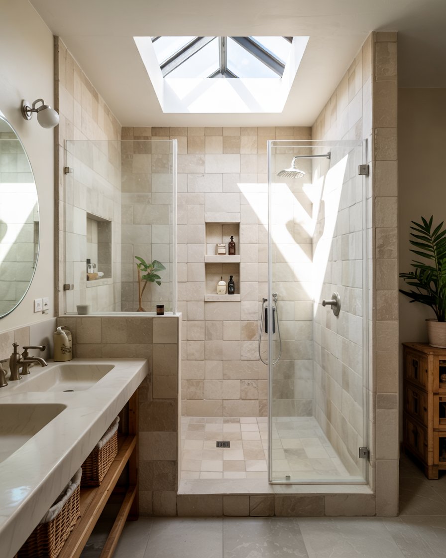 Walk-in shower with skylight window