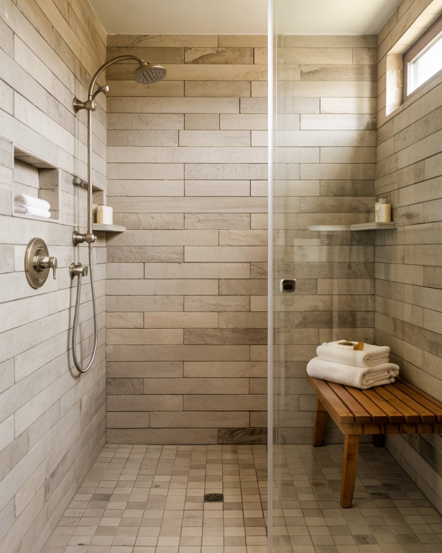 Walk-in shower with wood-look tile accent wall
