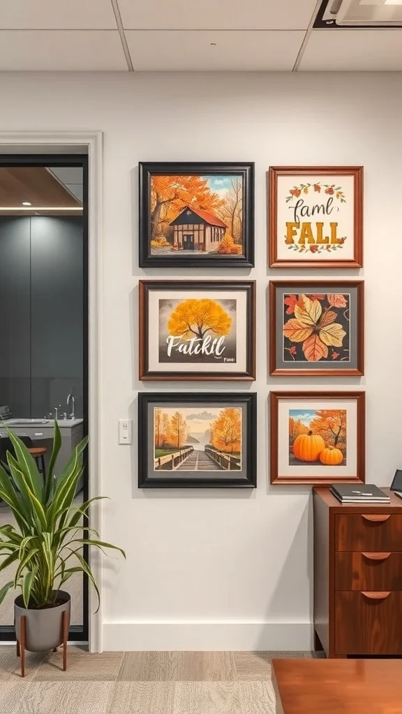 Seasonal Wall Art for Cozy Fall Office Decor Office wall adorned with autumn-themed artwork featuring leaves and pumpkins