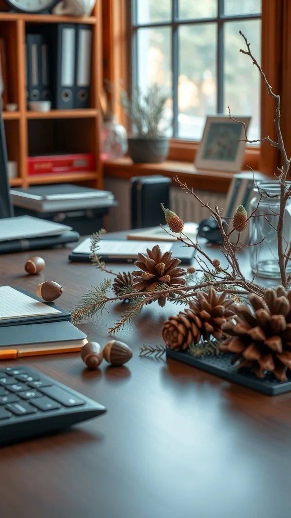 Natural Elements in Cozy Fall Office Decor Office desk decorated with pinecones, acorns, and greenery for fall