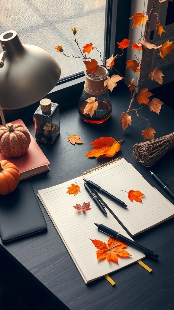 Fall-Themed Desk Accessories for Cozy Office Fall-themed office desk with pumpkins, leaves, and warm lighting