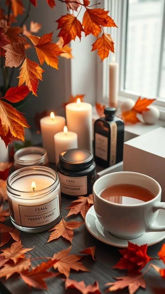 Aromatic Candles for Cozy Fall Office Decor Fall office scene with aromatic candles, autumn leaves, and a warm beverage