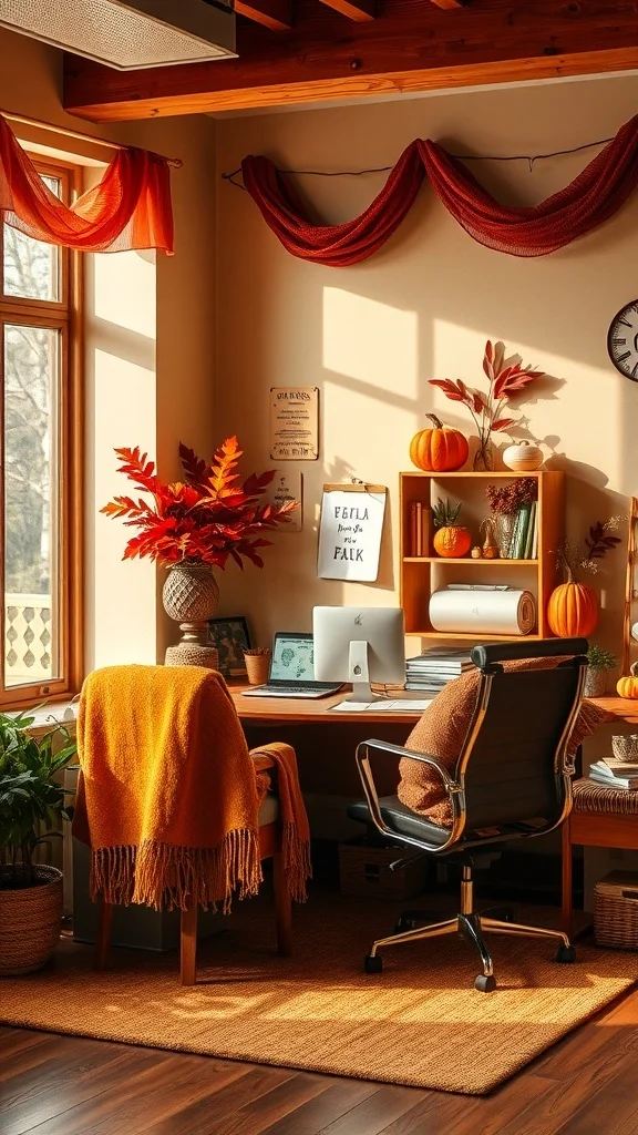 Warm Color Palette for Cozy Fall Office Decor Office decorated with warm autumn colors, pumpkins, and leaves