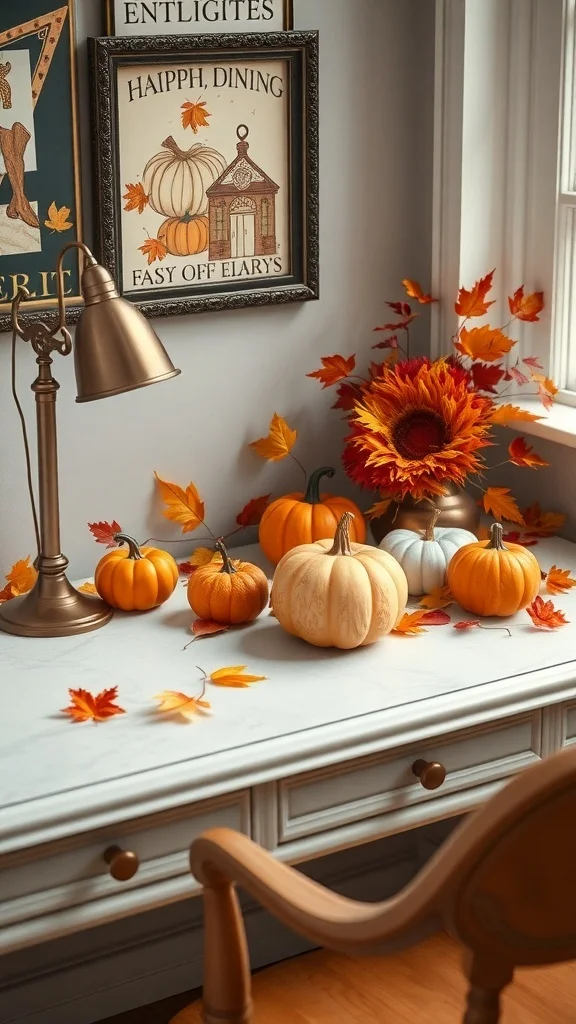 Pumpkin Accents for Cozy Fall Office Decor Office desk adorned with various pumpkins and autumn leaves