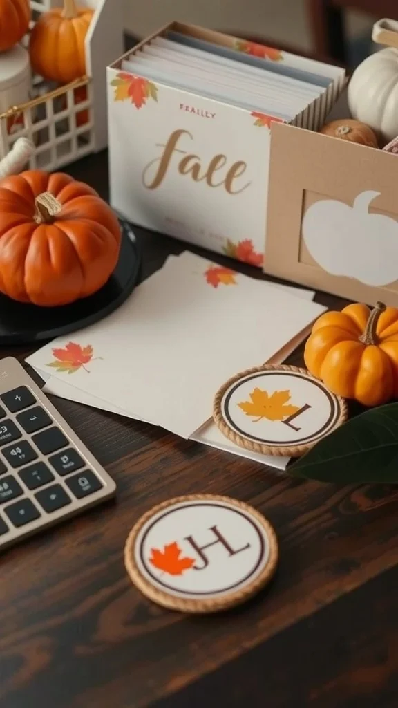 Personalized Fall Touches for Cozy Office Decor Desk with personalized fall decor including pumpkins and custom coasters