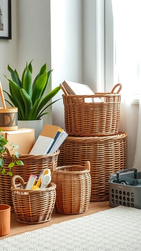 Woven Baskets for Cozy Fall Office Decor Office space featuring woven baskets for storage with plants and books