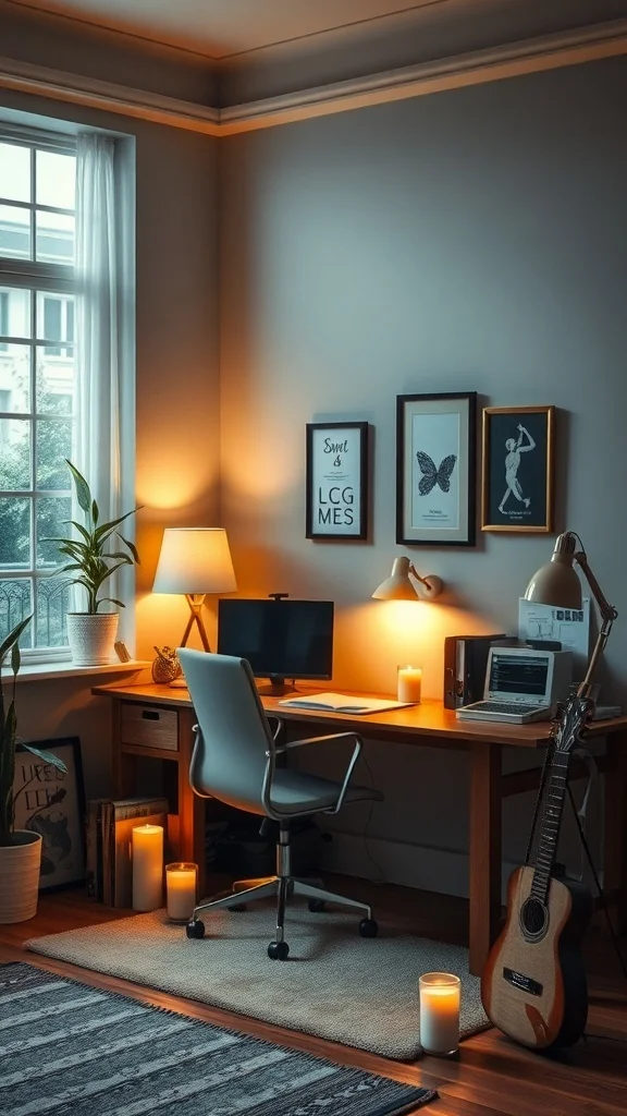 Soft Lighting Ideas for Cozy Fall Office Decor Office space with soft lighting from lamps and candles