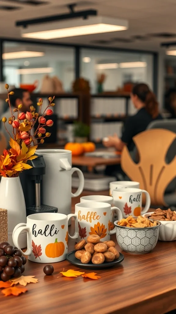 Cozy Coffee Station for Fall Office Decor Fall-themed coffee station with mugs, snacks, and autumn decorations