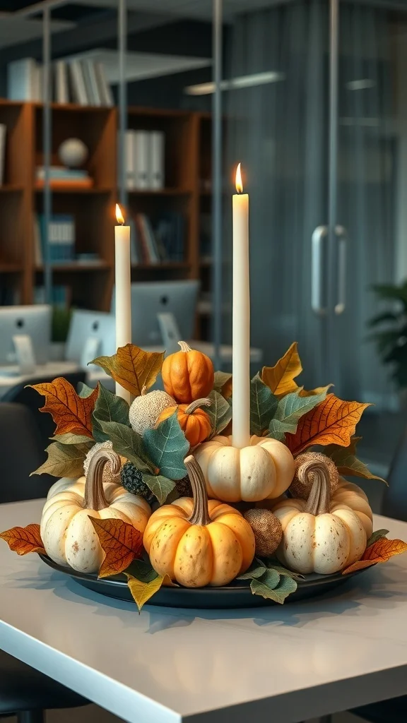 Autumn-Inspired Centerpieces for Cozy Office Decor Fall centerpiece with pumpkins, candles, and leaves on office desk