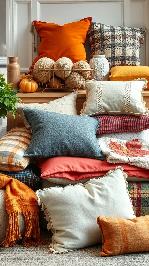 Layered Textiles for Cozy Fall Office Decor Colorful pillows and throws arranged in office setting